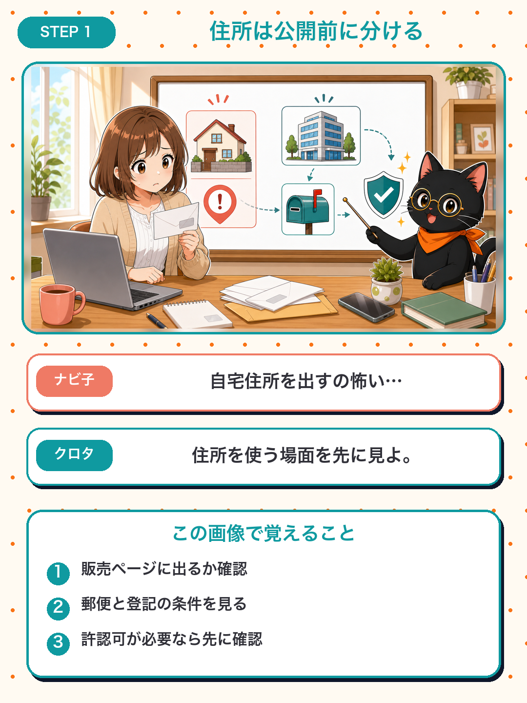 ナビ子とクロタが自宅住所を公開する前に事業用住所を確認する漫画カード