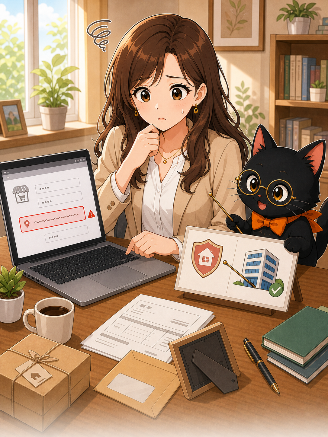ナビ子とクロタが自宅住所を公開するリスクを確認する状況漫画画像