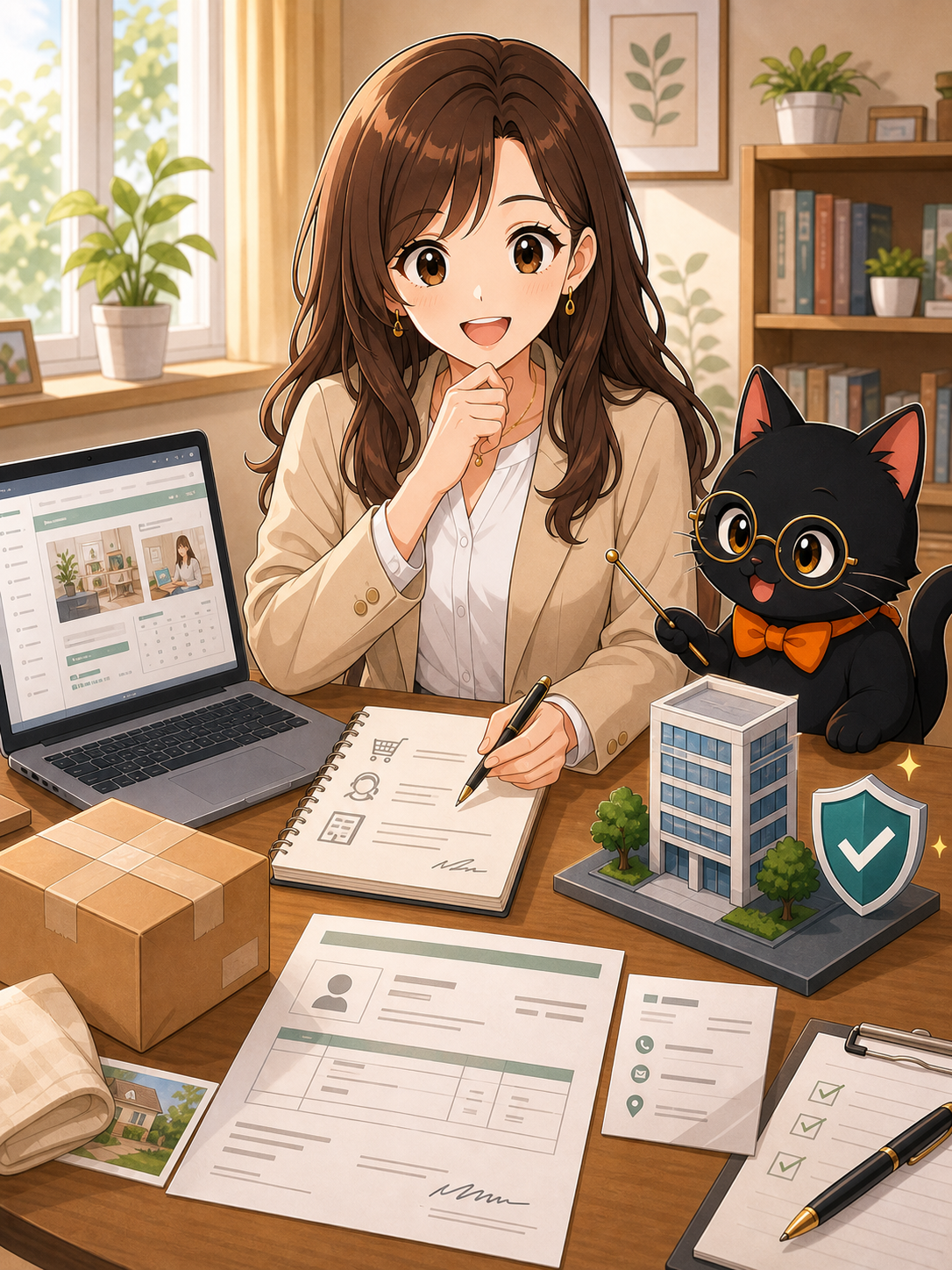 ナビ子とクロタがバーチャルオフィス1が向く人を整理する状況漫画画像
