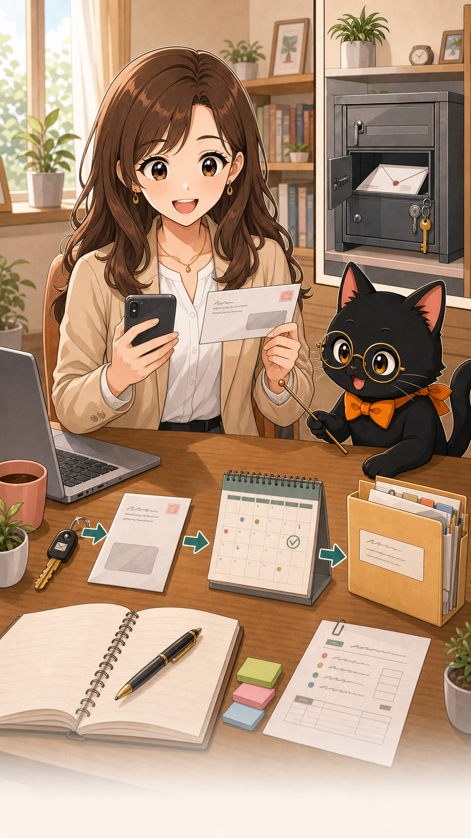 ナビ子とクロタが郵便物の受け取りルールを図解する状況漫画画像