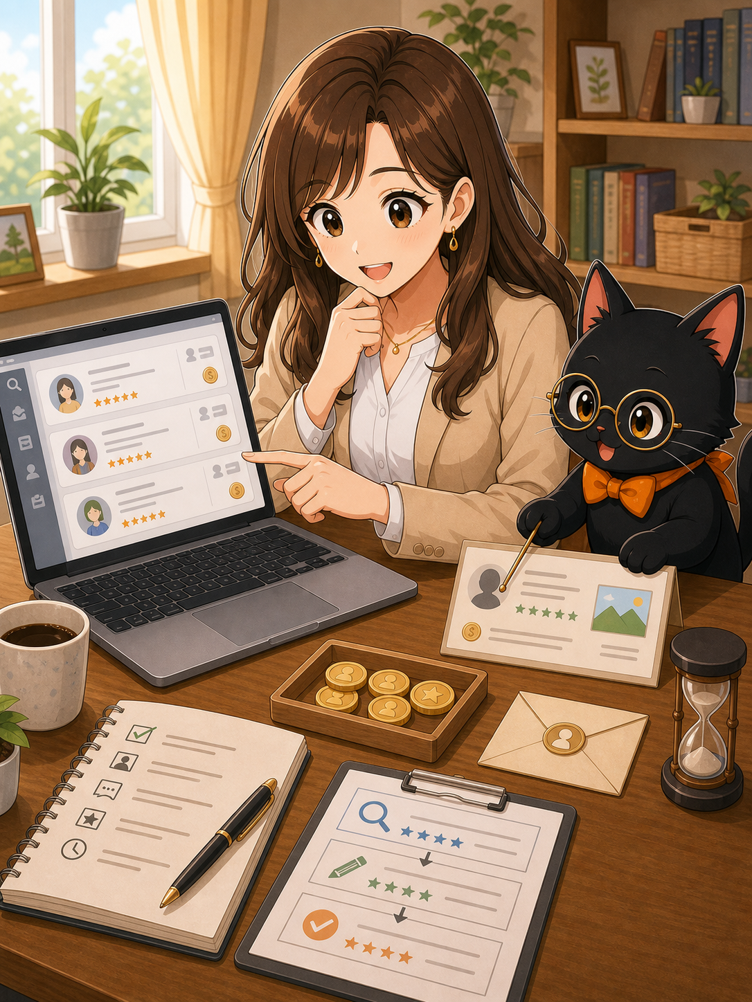 ナビ子とクロタがココナラで小さく外注するメリットを説明する状況漫画画像