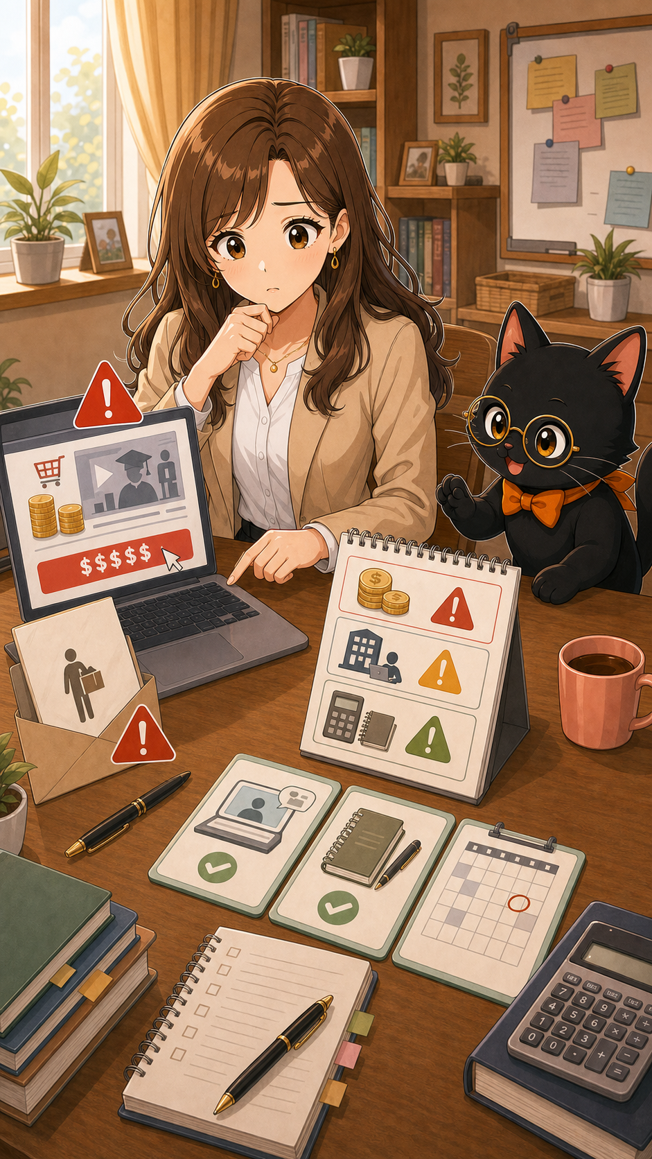 ナビ子とクロタが副業で高額投資や退職を急がない判断を説明する状況漫画画像