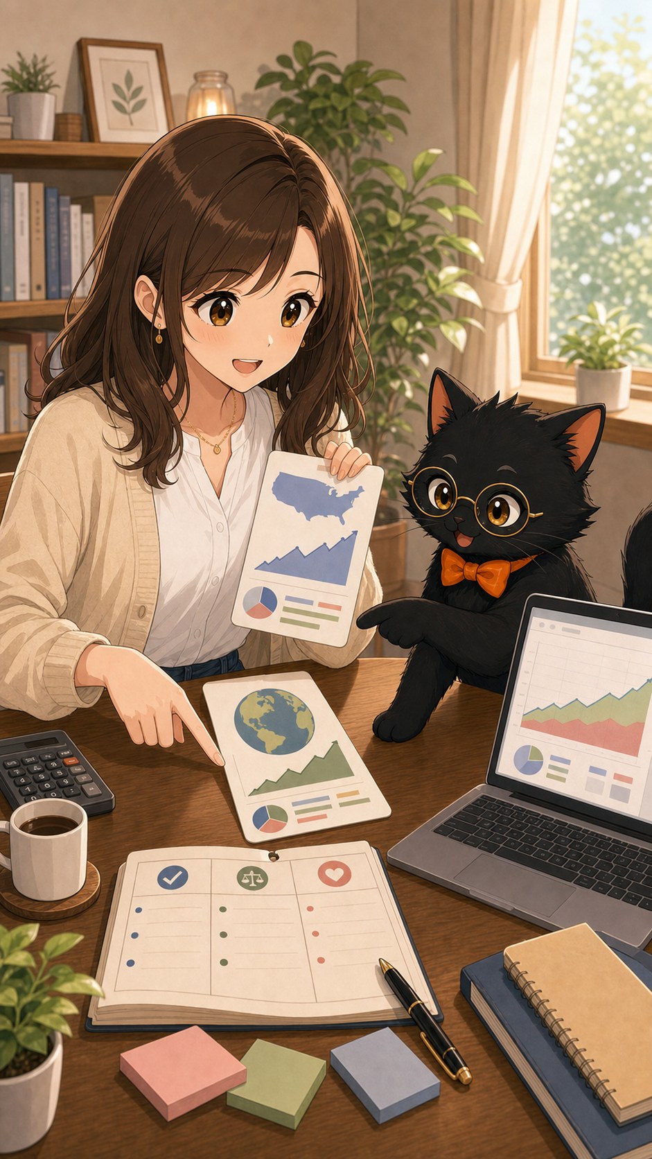 ナビ子とクロタがS&P500と全世界株式を比べる場面