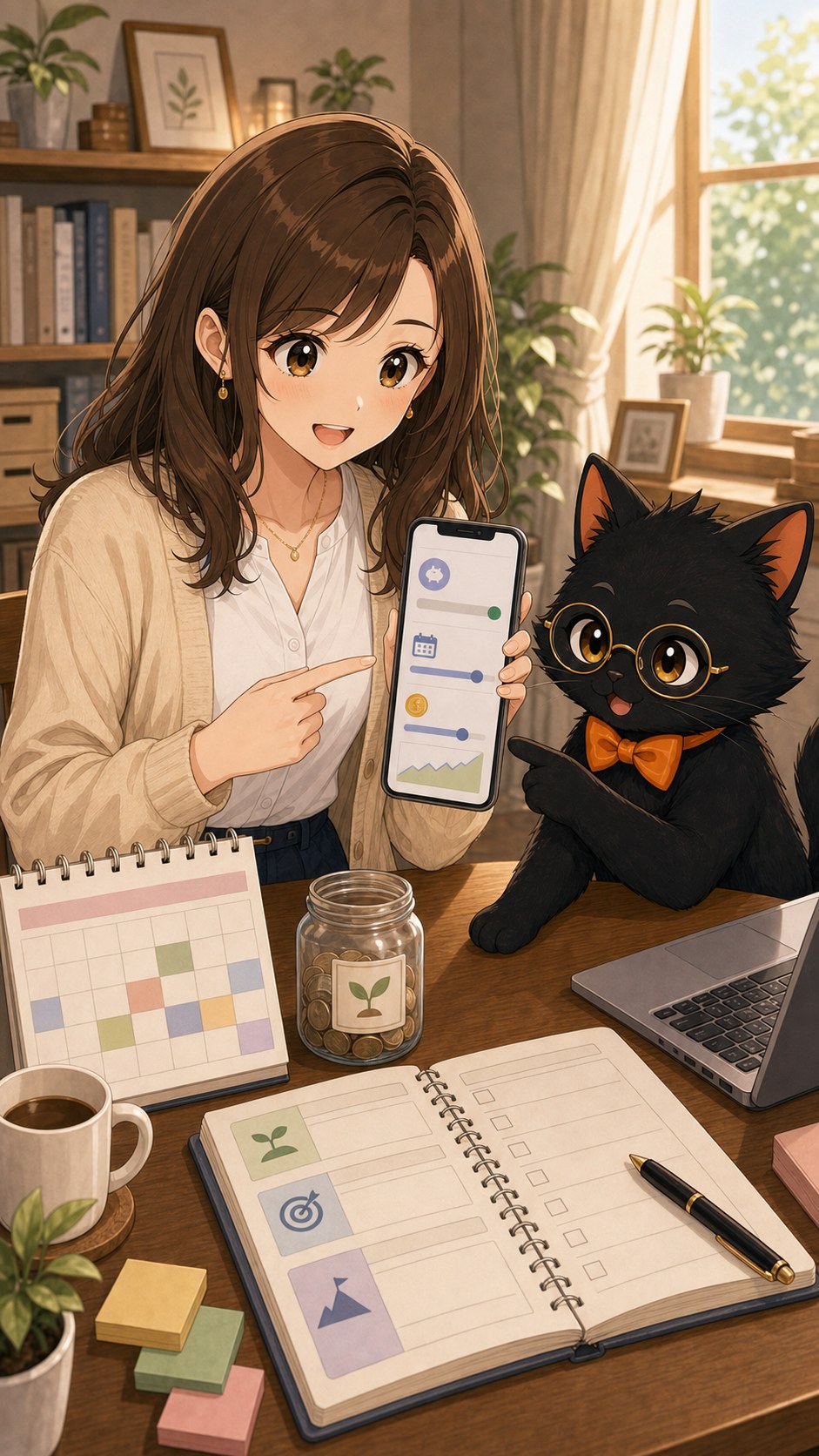 ナビ子とクロタが積立設定と家計の余裕を確認する場面