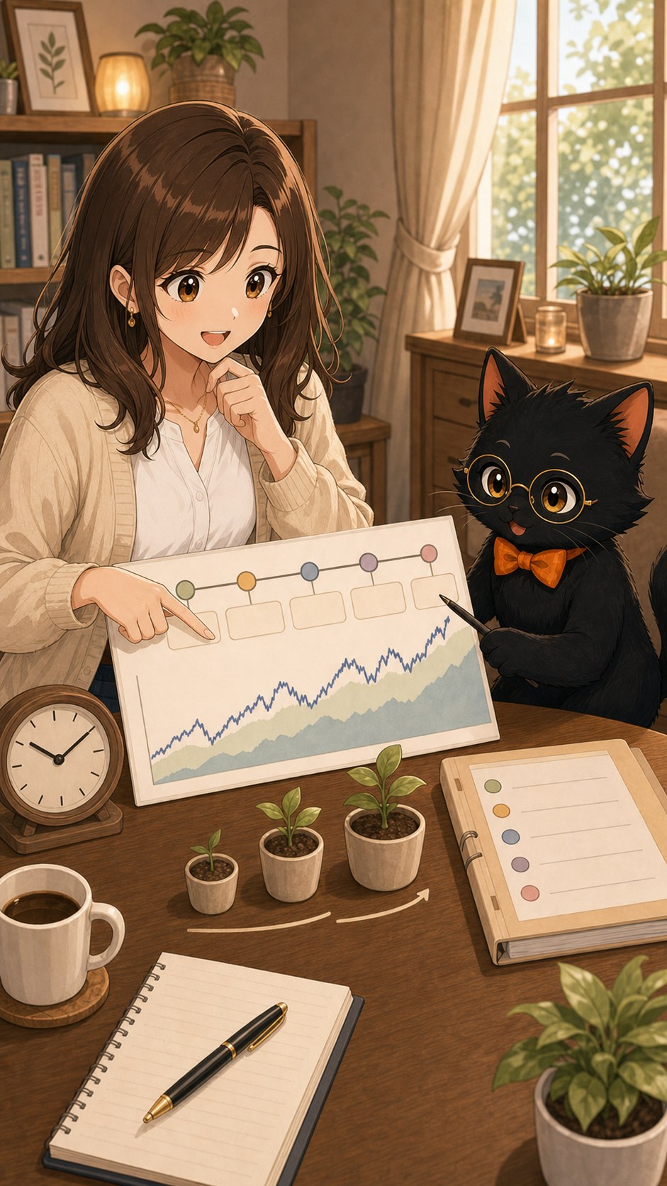 ナビ子とクロタが長期投資のタイムラインを確認する場面