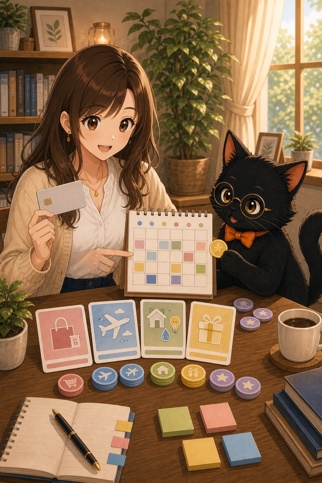 ナビ子とクロタがエポスカードの使い道を確認する場面