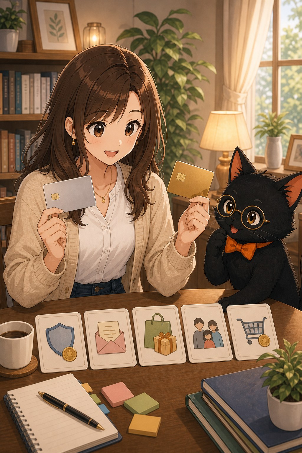ナビ子とクロタが通常カードとゴールド条件を比べる場面