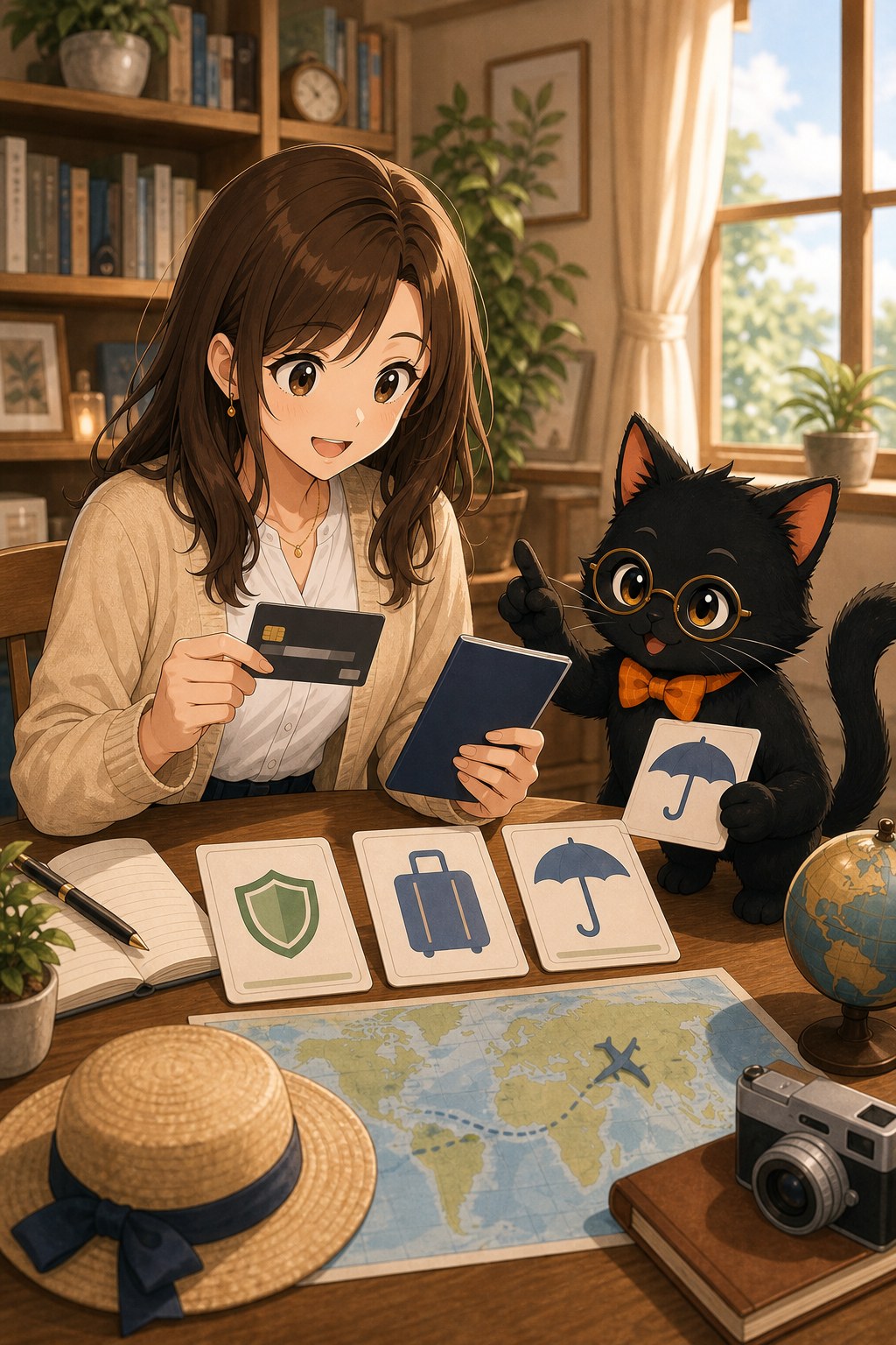 ナビ子とクロタが海外旅行前にカード保険を確認する場面