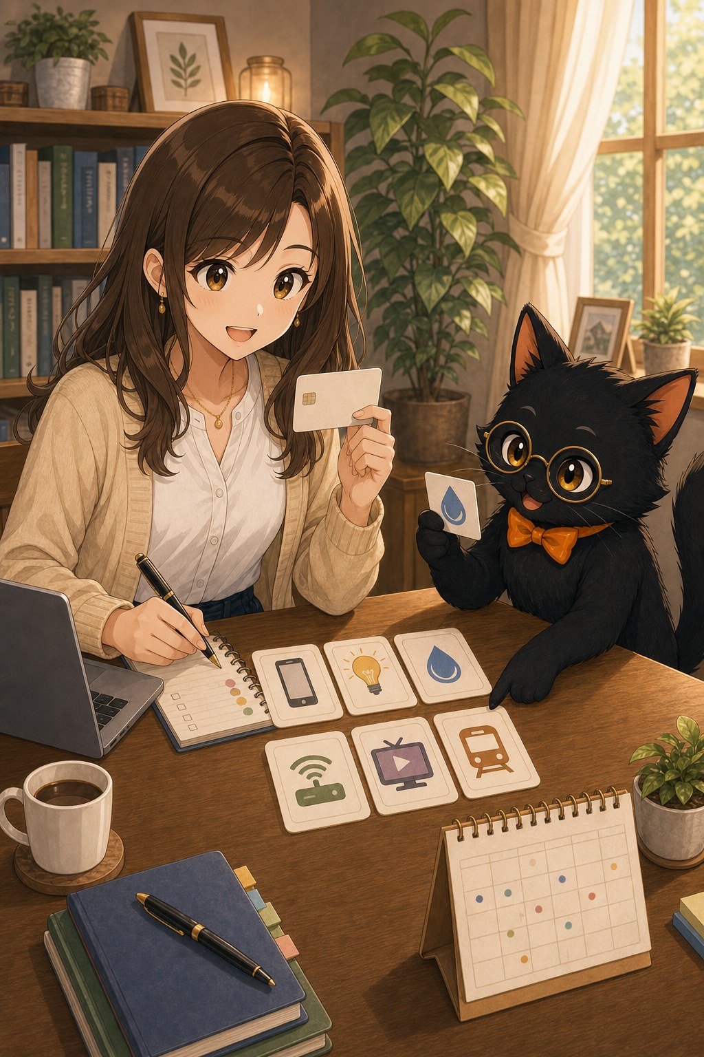 ナビ子とクロタが固定費支払いの管理を確認する場面