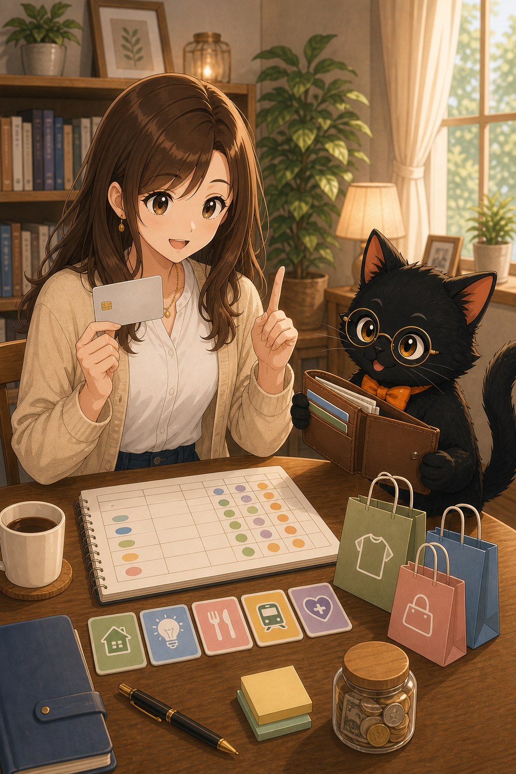 ナビ子とクロタが買い物予算とカード利用を整理する場面