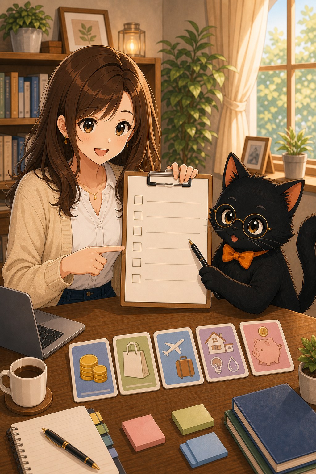 ナビ子とクロタがエポスカードの最終チェックをする場面