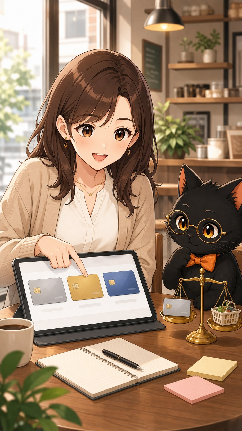 ナビ子とクロタがカード比較をしている場面