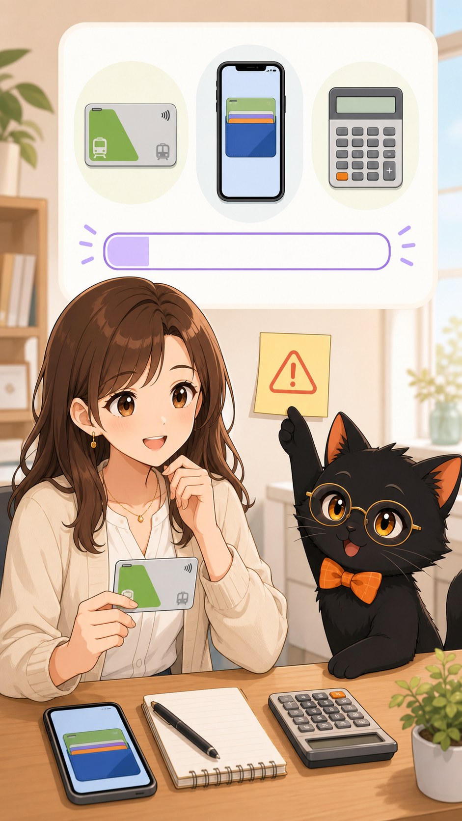 ナビ子とクロタが電子マネーチャージの注意点を確認する場面