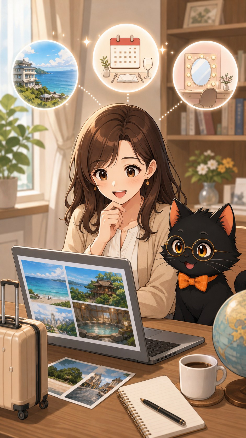 ナビ子とクロタが旅行予約や外食予約の使い道を考える場面