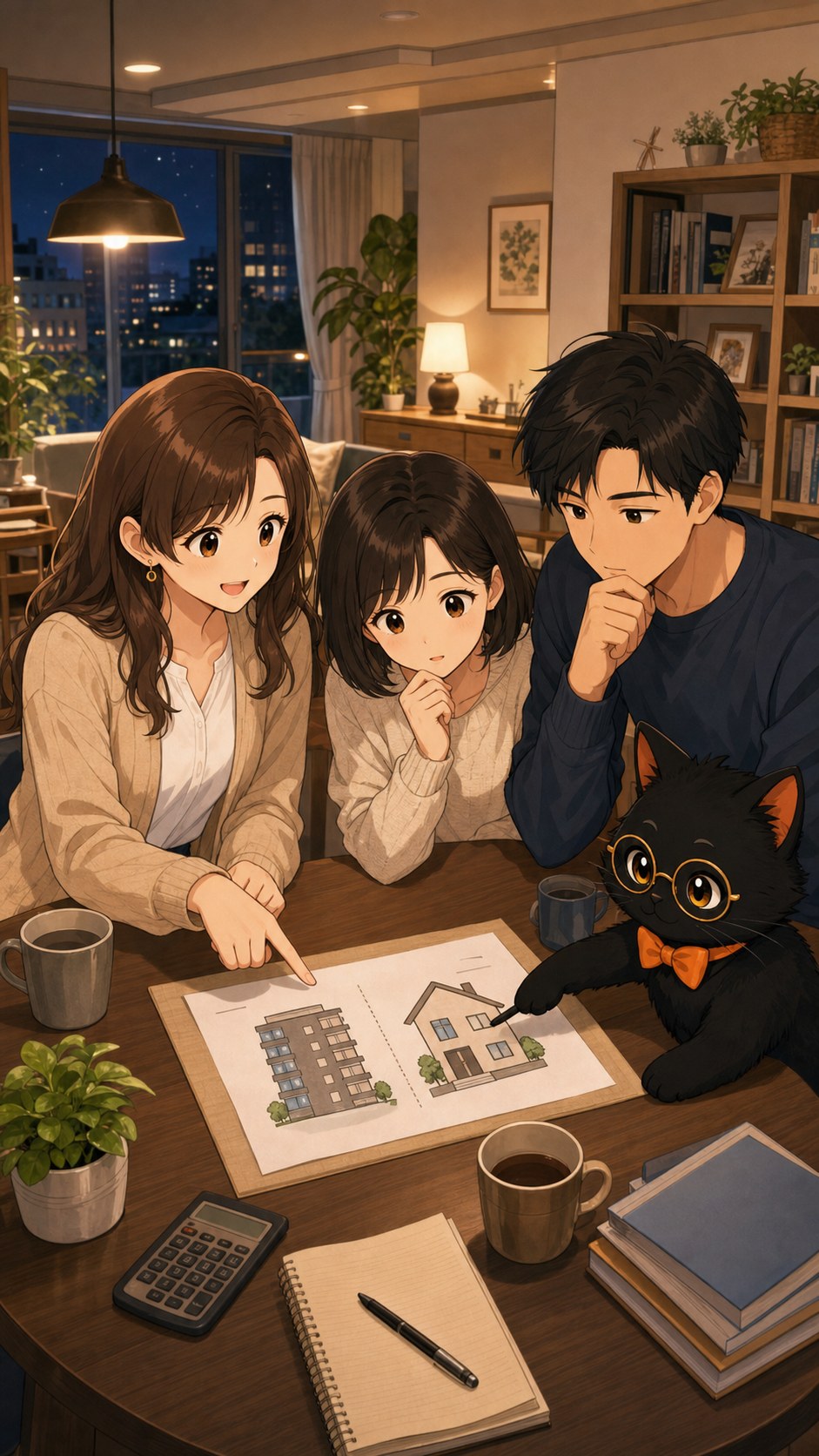ナビ子とクロタが夫婦と賃貸か購入かを相談する場面