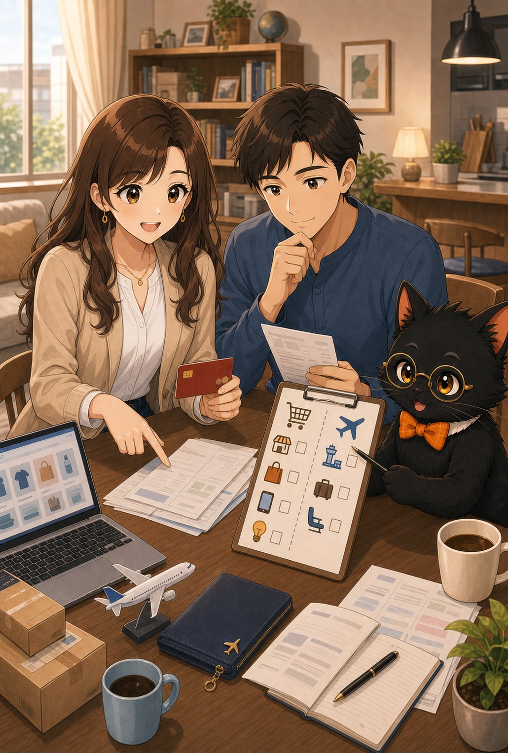 ナビ子とクロタが陸マイラー向けに日常支払いを整理する場面