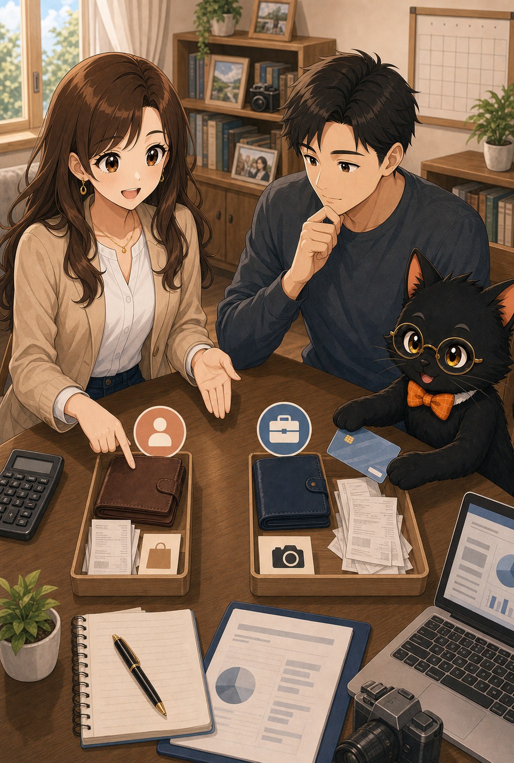 ナビ子とクロタが私用財布と事業用カードを机の上で分ける場面