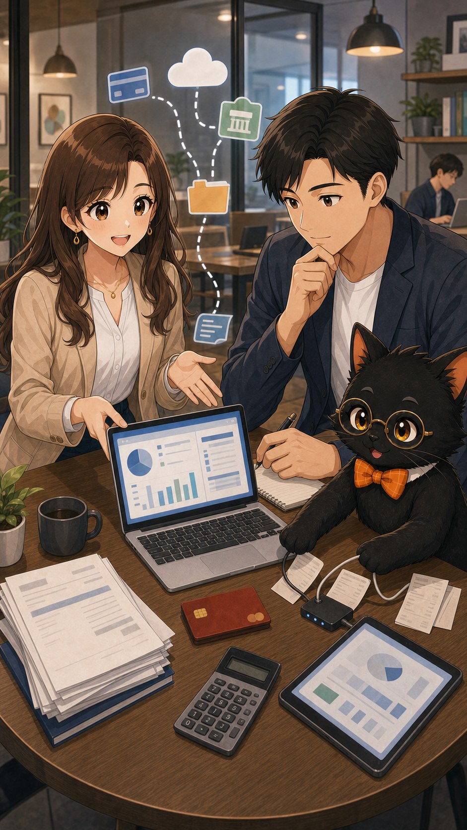 ナビ子とクロタが会計ソフトとカード明細を確認する場面