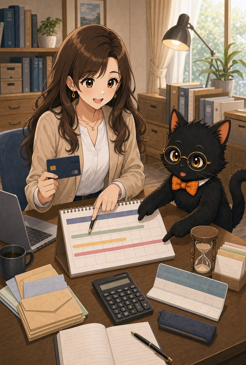 ナビ子とクロタが支払い予定表と現金残高を確認する場面