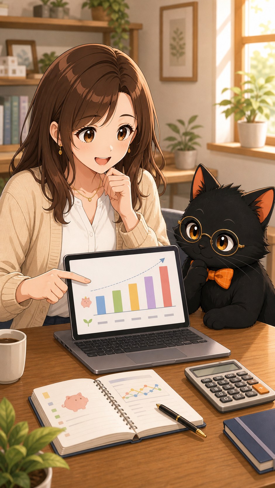 ナビ子とクロタがネット銀行の金利表を見ながら家計を整理する場面