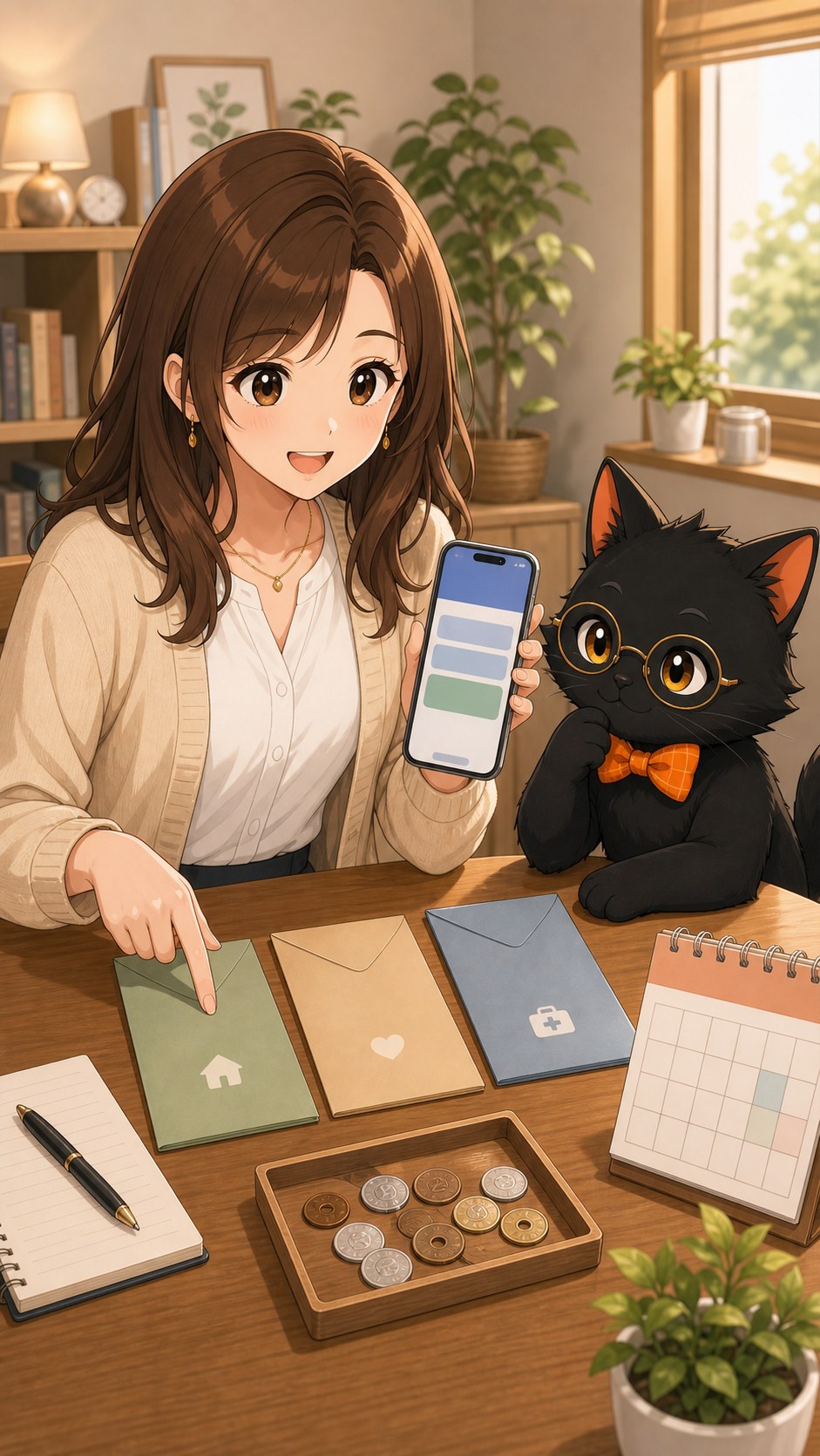 ナビ子とクロタが生活費と予備費を封筒で分ける場面