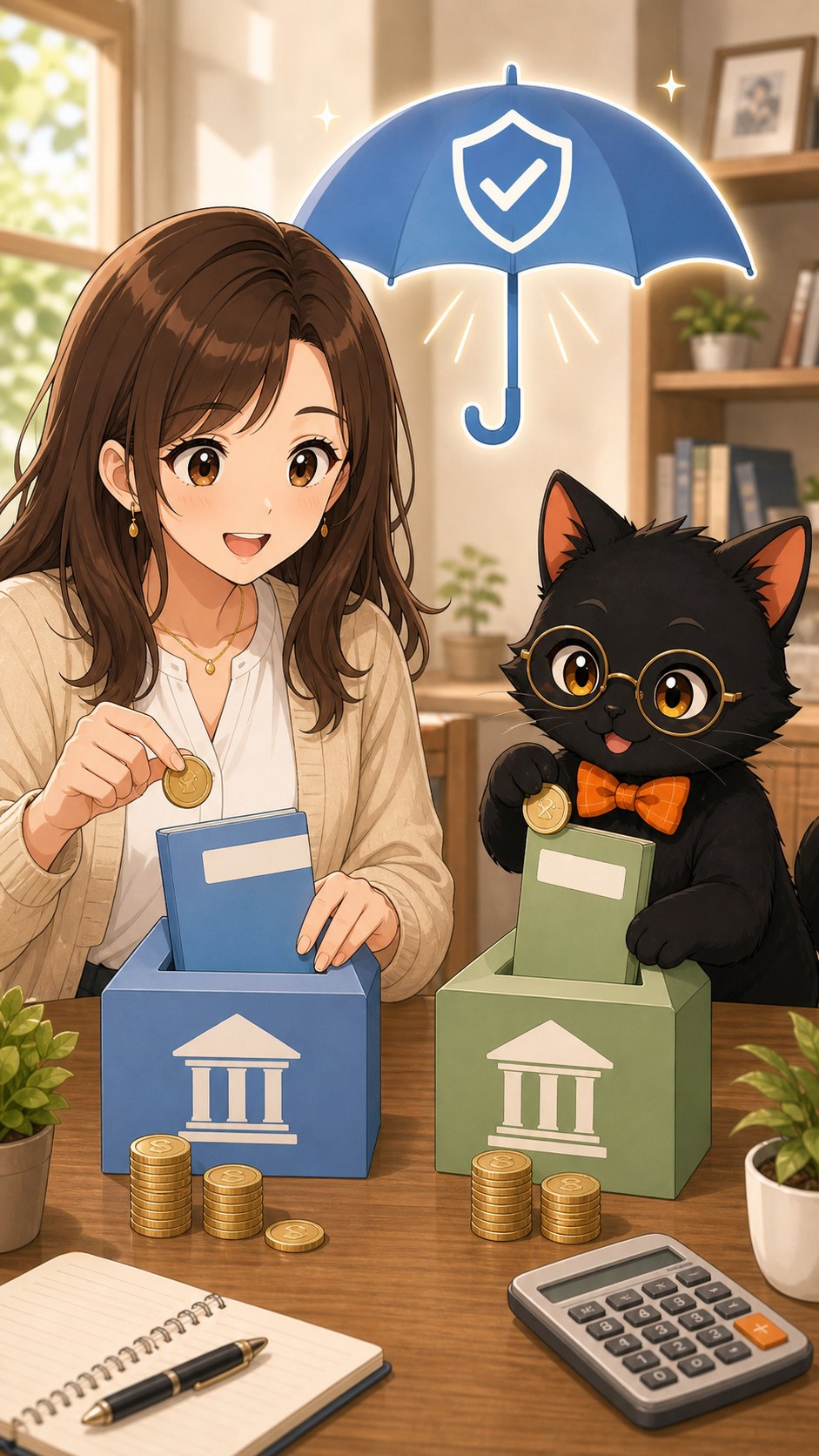 ナビ子とクロタが預金保険制度と銀行分散を確認する場面