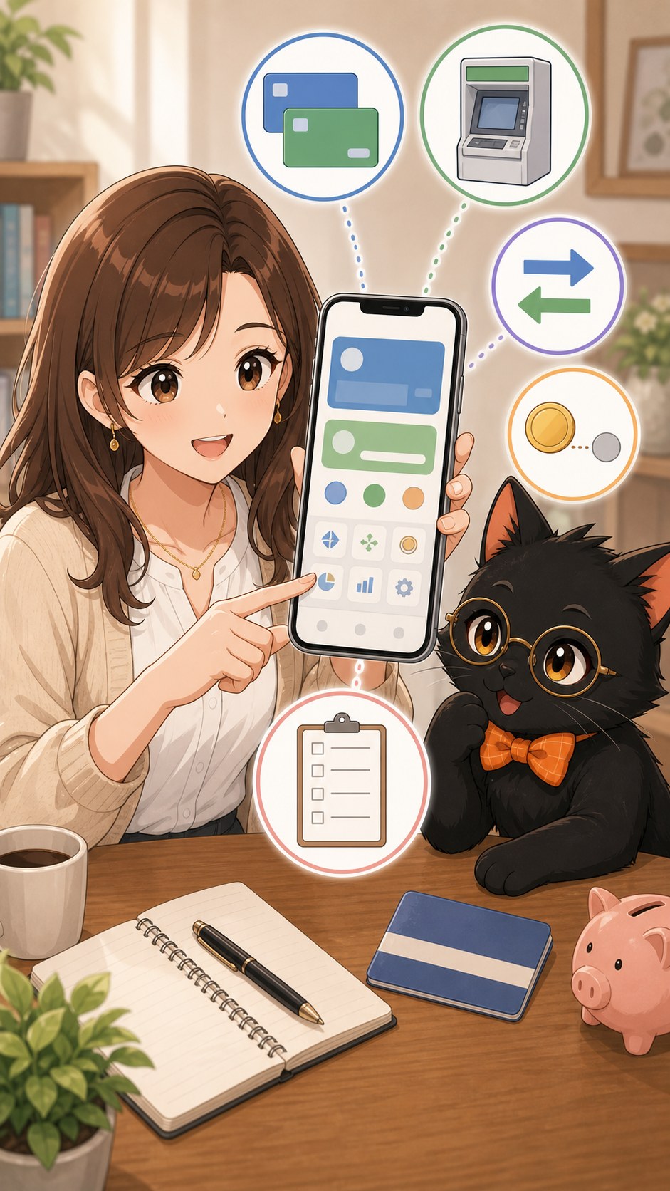 ナビ子とクロタがネット銀行アプリと手数料を確認する場面
