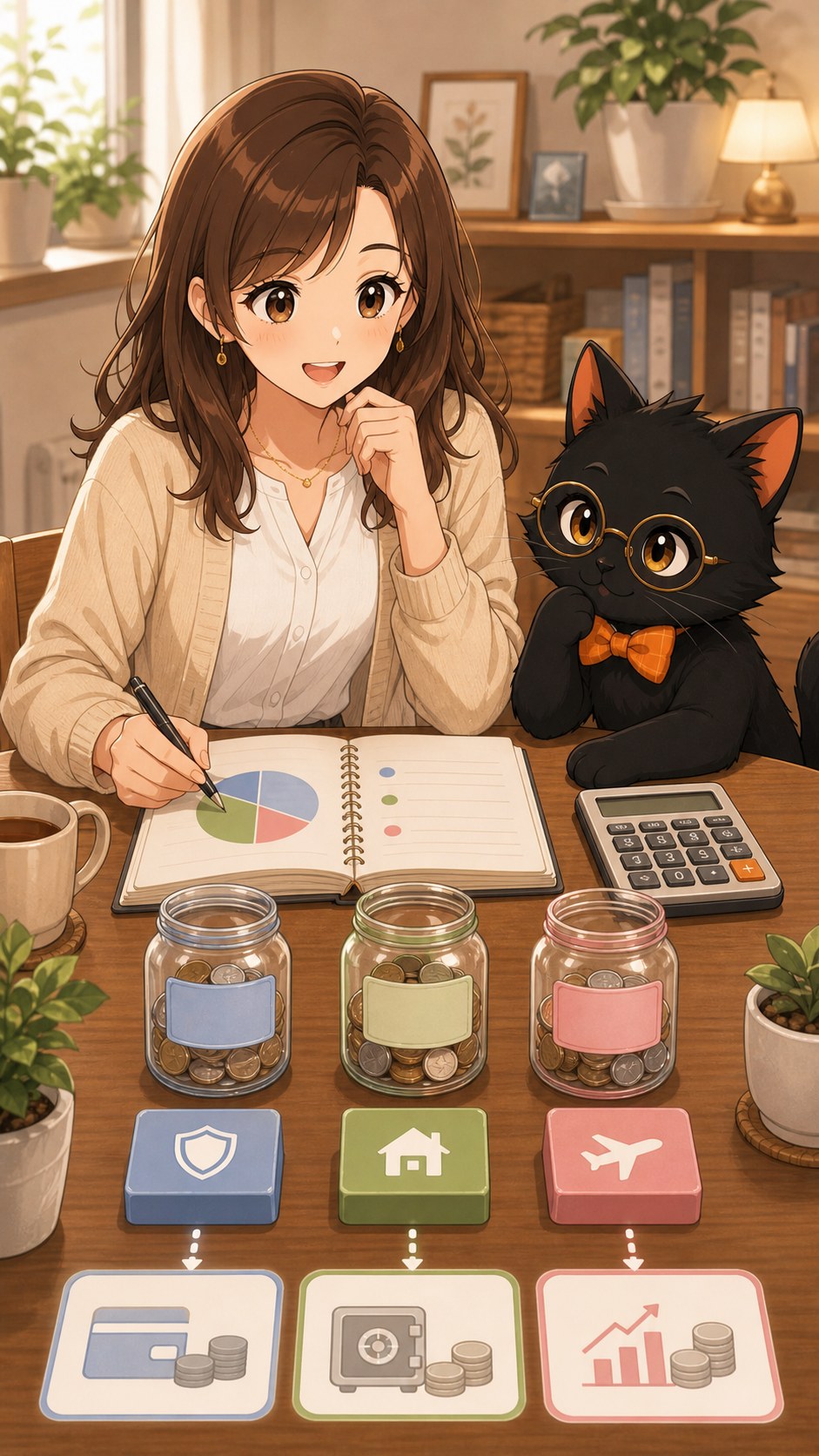 ナビ子とクロタが目的別の貯金びんでお金を分ける場面