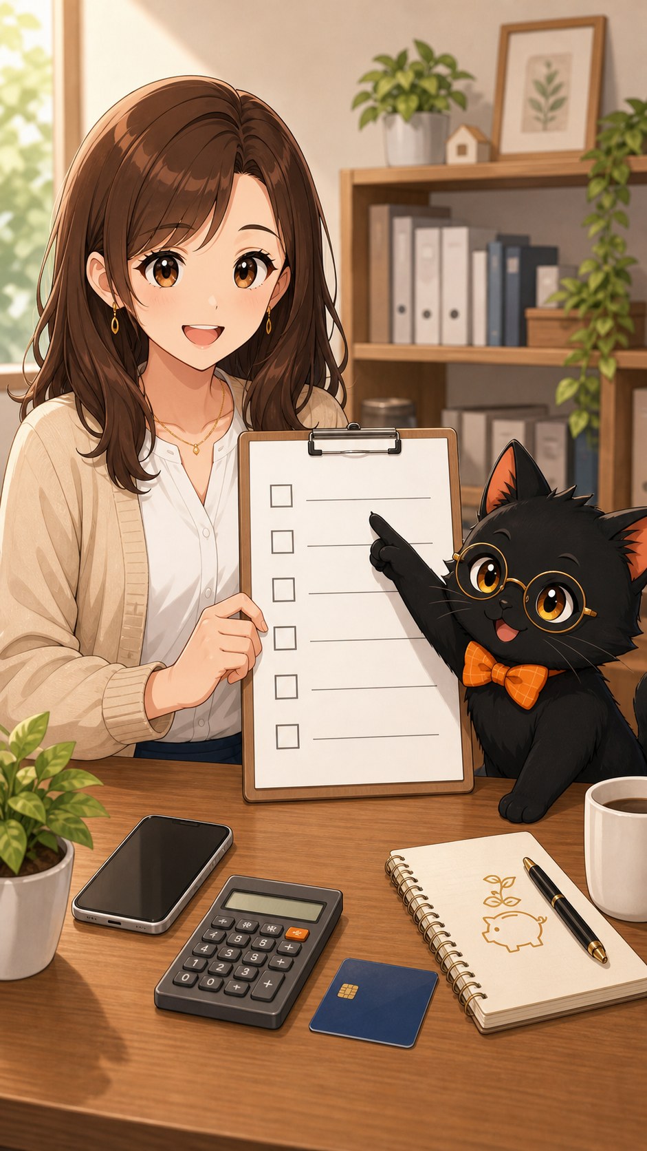 ナビ子とクロタが口座開設前チェックをしている場面