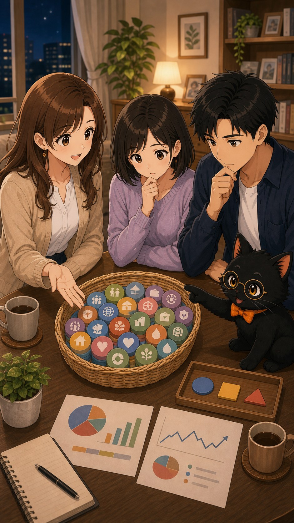 ナビ子とクロタが分散投資と個別株集中の違いを説明する場面