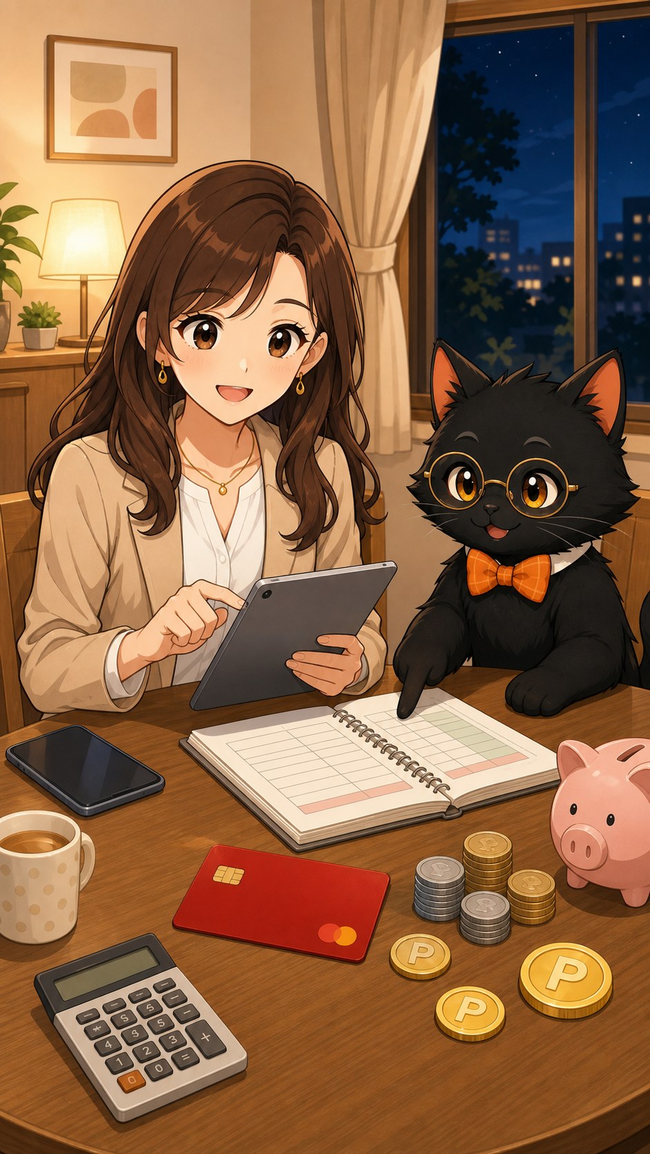 ナビ子とクロタが家計簿とカード利用を整理する場面