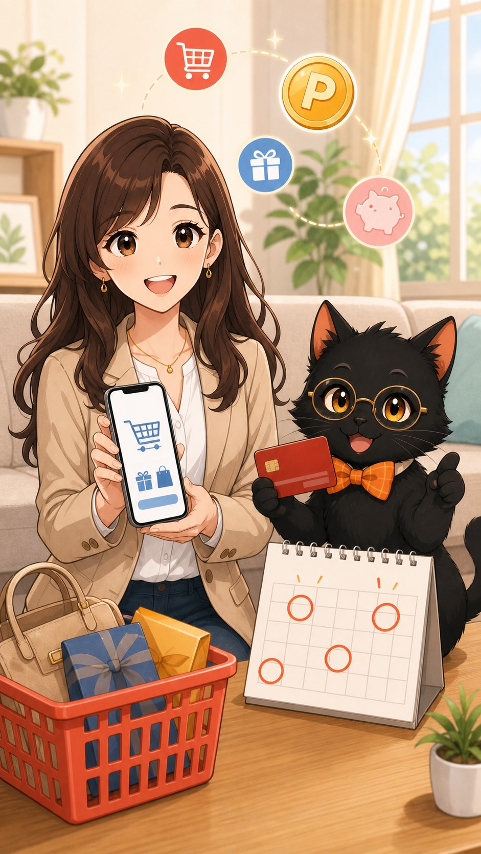 ナビ子とクロタがネットショッピングとポイント日を確認する場面