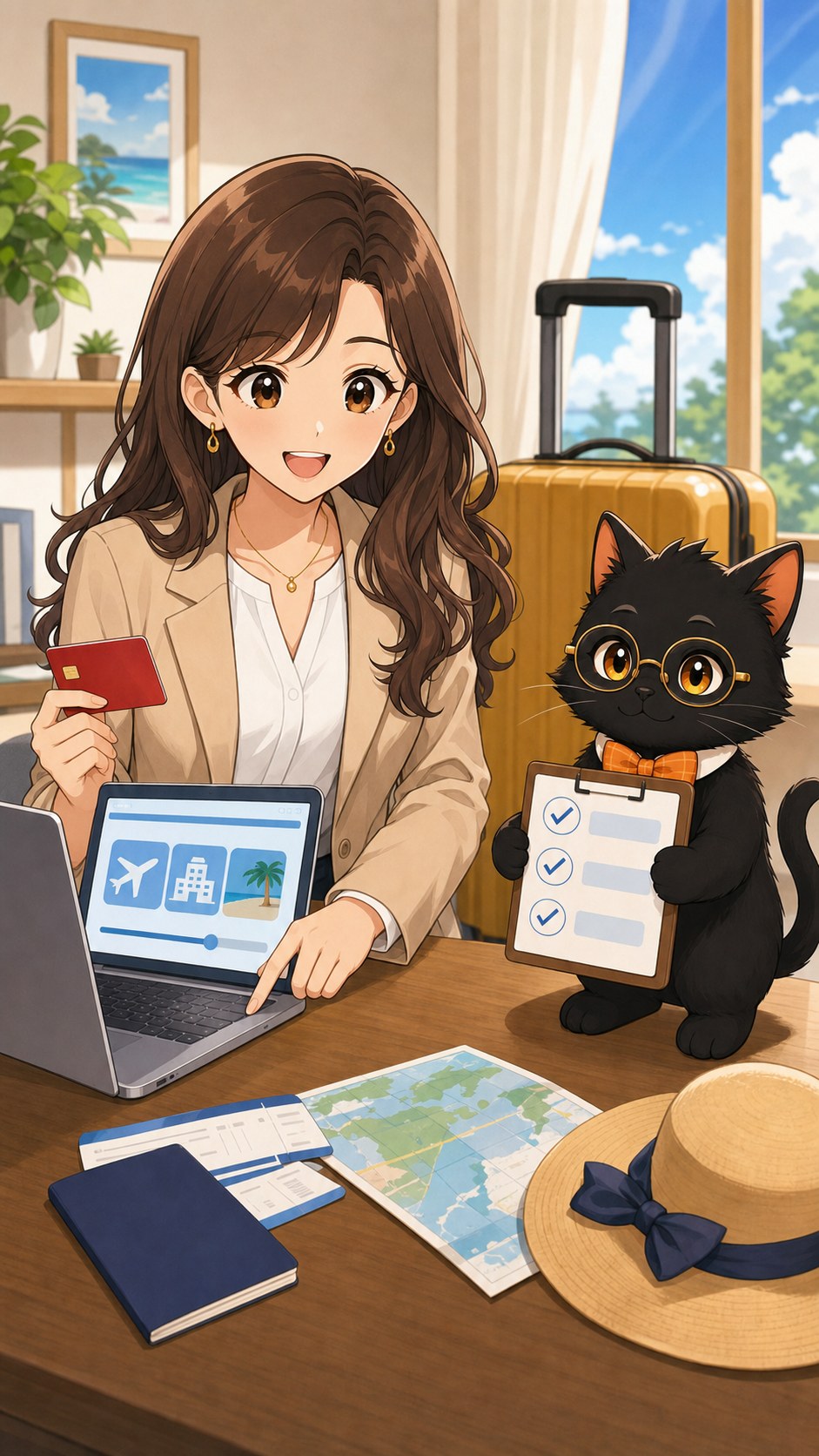ナビ子とクロタが旅行前にカード保険の条件を確認する場面