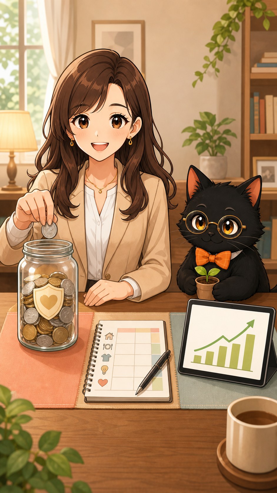 ナビ子とクロタが貯めたポイントと家計の次の一手を考える場面