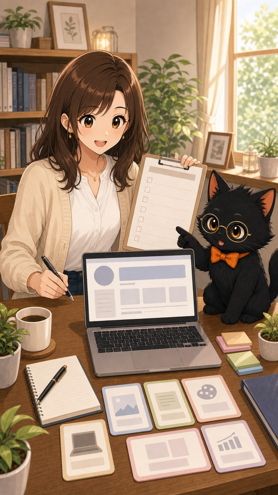 ナビ子とクロタがプロフィールとポートフォリオを準備する場面