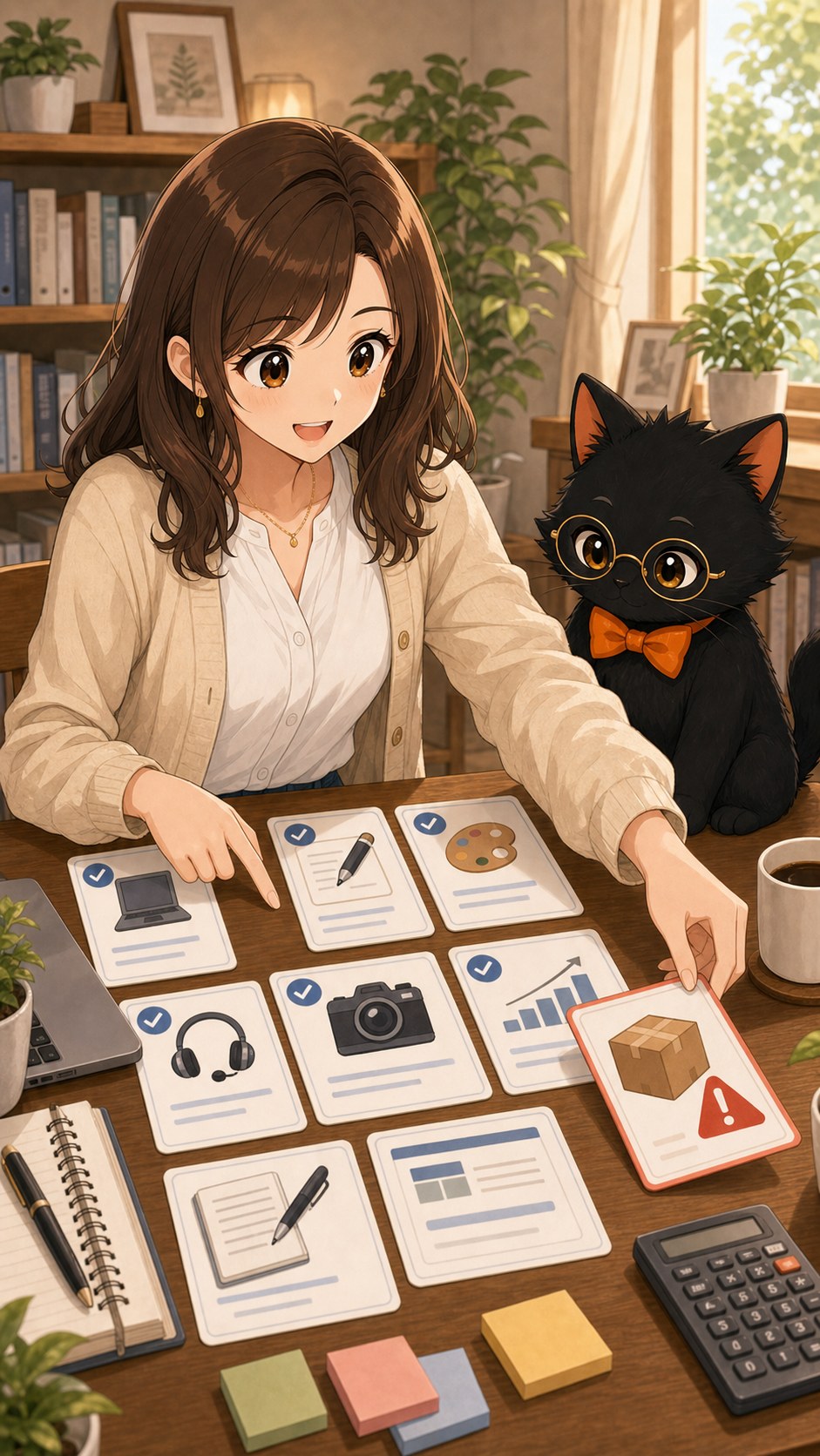ナビ子とクロタが条件のよい案件と注意案件を比べる場面