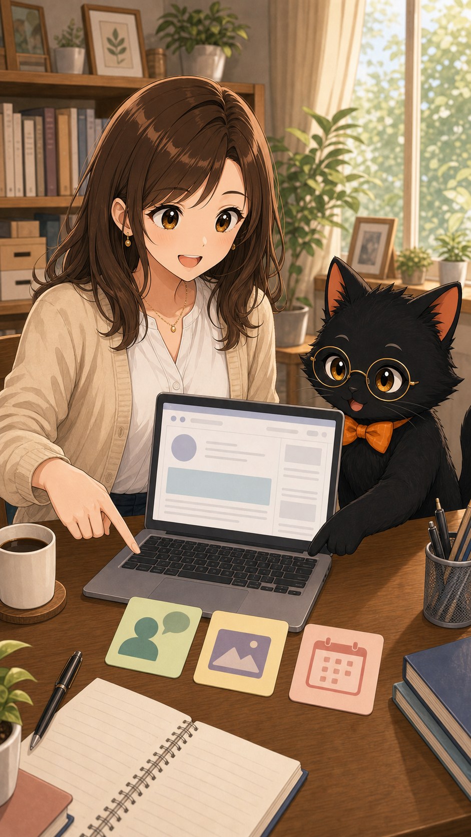 ナビ子とクロタが提案文を作成している場面