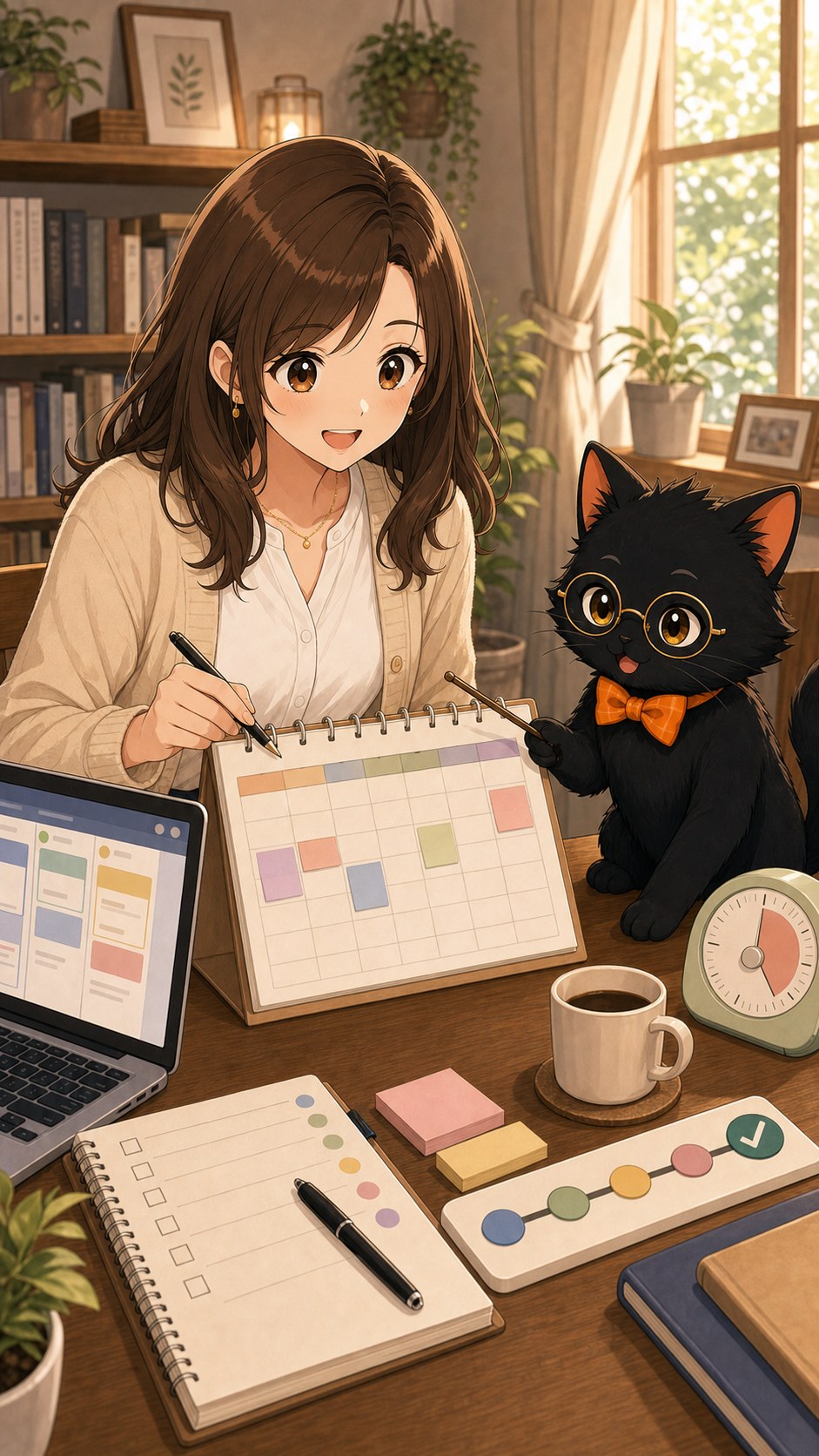 ナビ子とクロタが納期管理とタスクボードを整理する場面