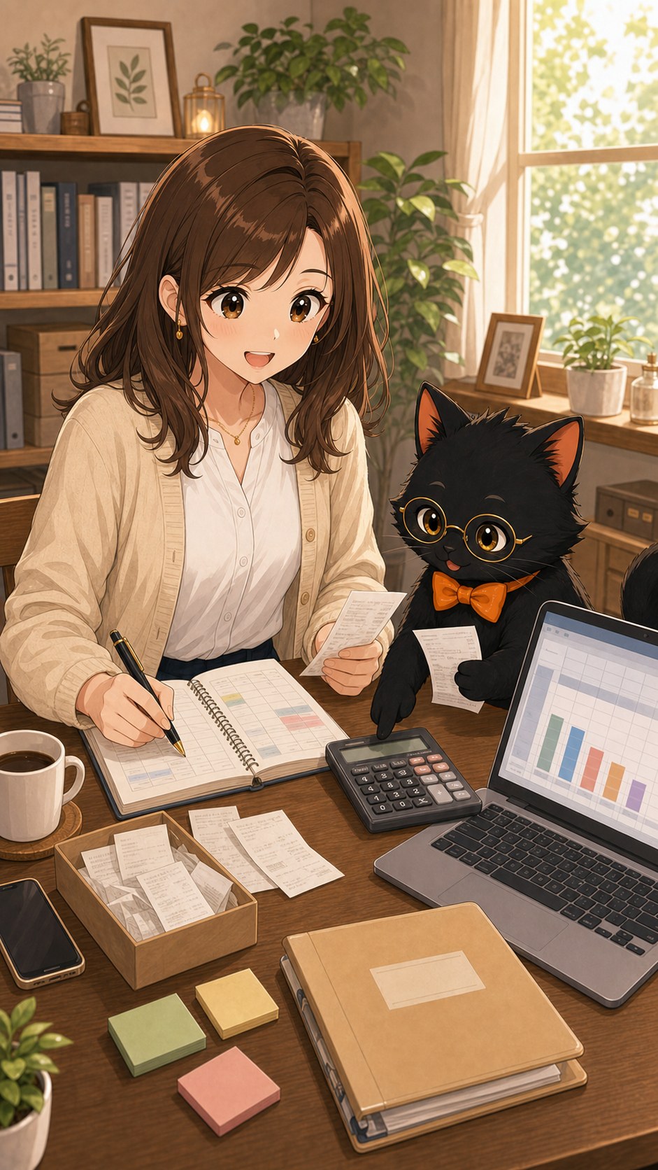 ナビ子とクロタが副業収入と経費を記録する場面