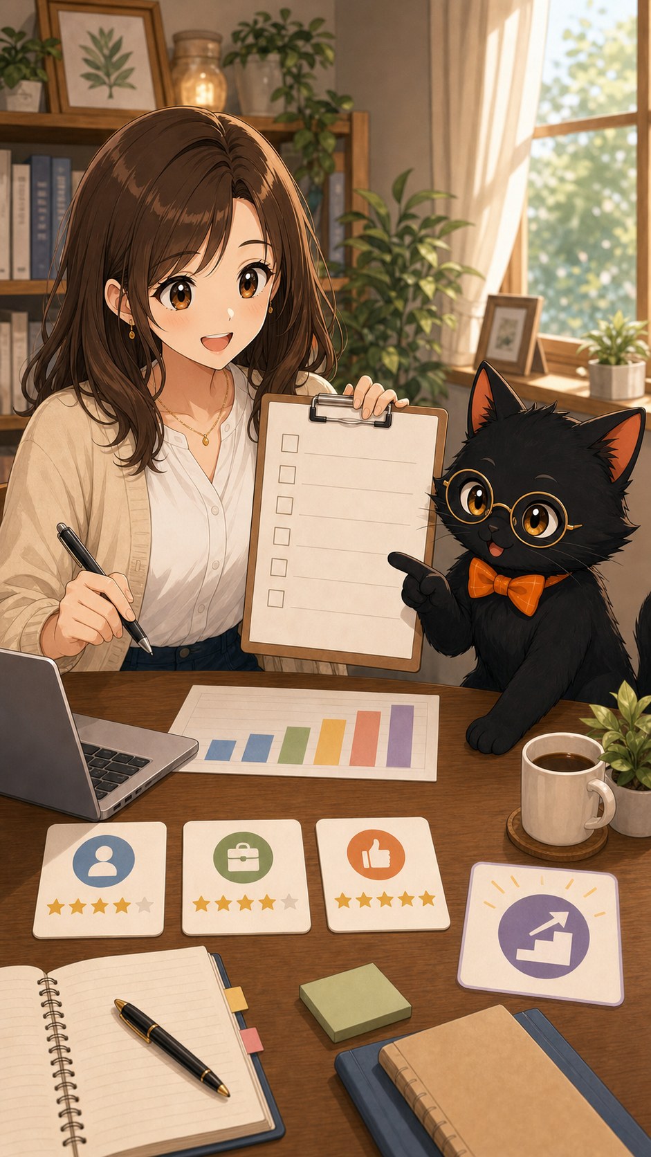 ナビ子とクロタが初回案件後に改善点を確認する場面