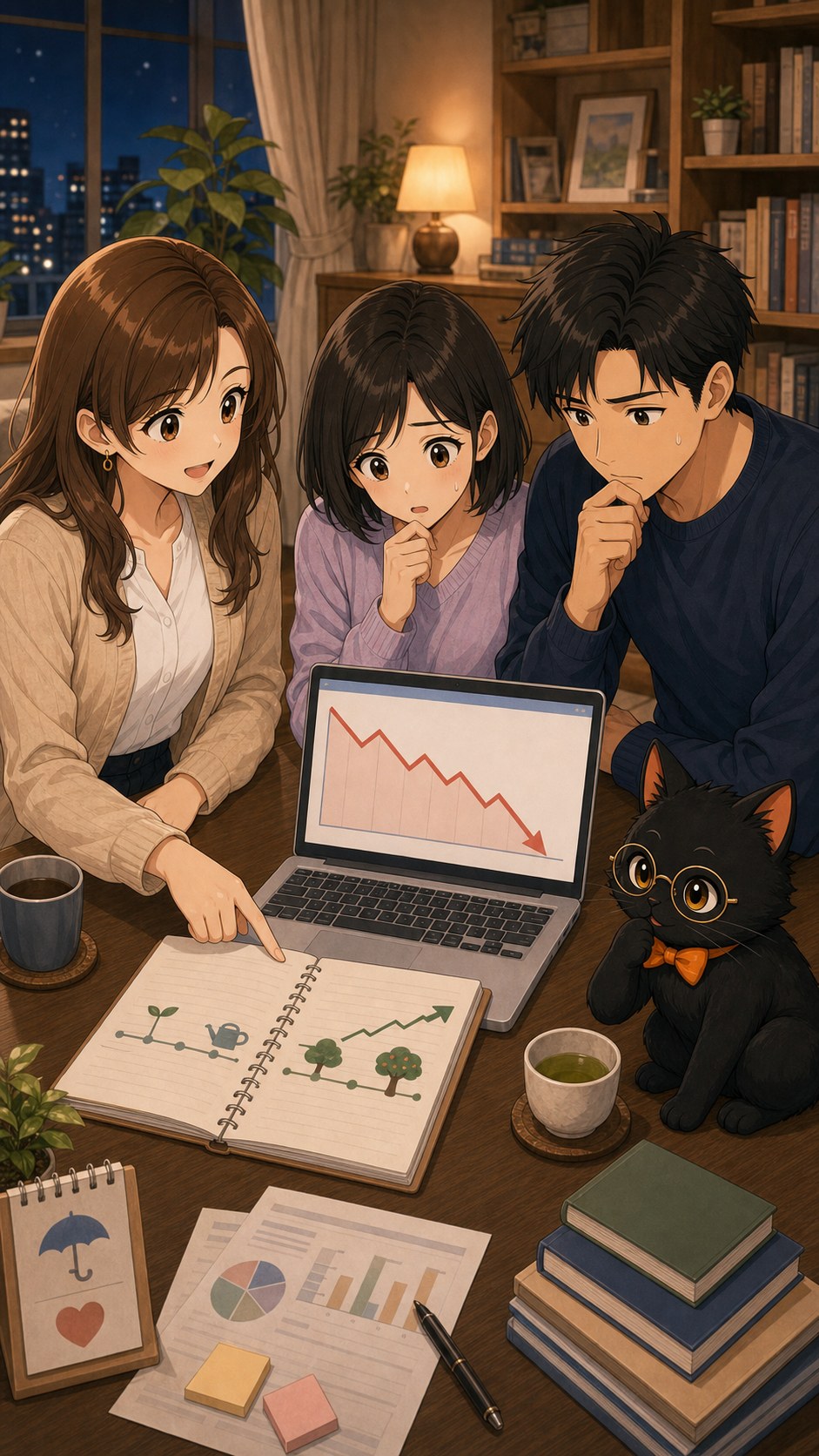 ナビ子とクロタが値動きのある投資画面を慎重に確認する場面