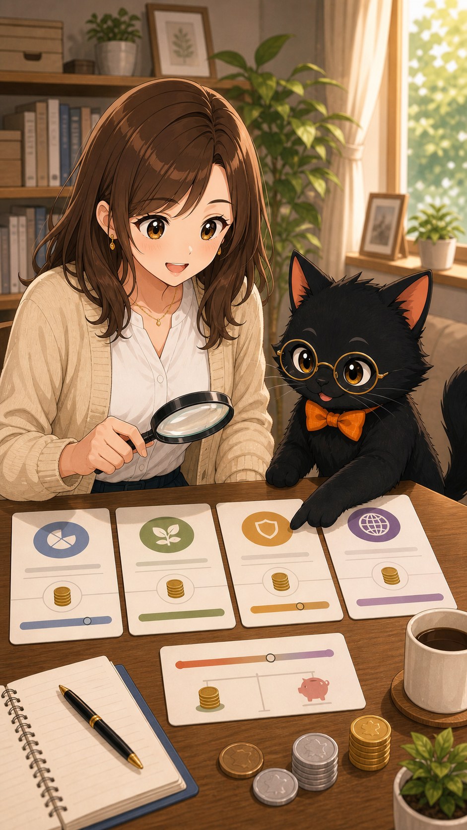 ナビ子とクロタが投資先候補をルーペで確認する場面