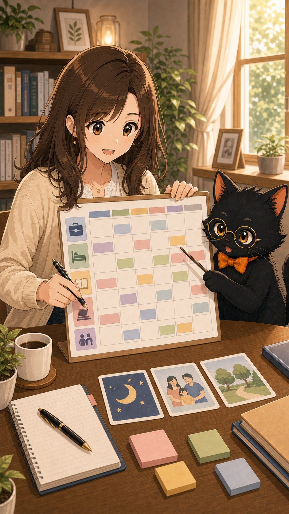 ナビ子とクロタが副業時間と休息時間を週間予定で分ける場面