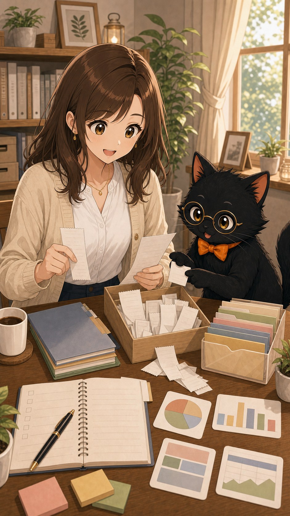 ナビ子とクロタが副業の記録と領収書を整理する場面