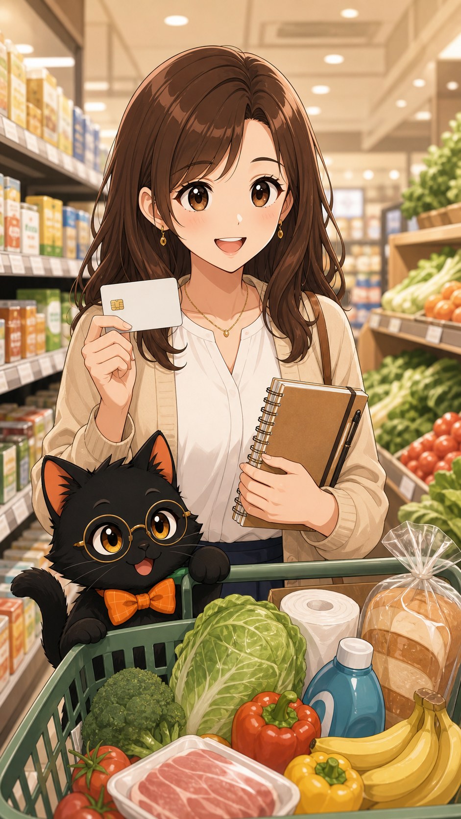 ナビ子とクロタがスーパーで買い物とカード利用を整理する場面
