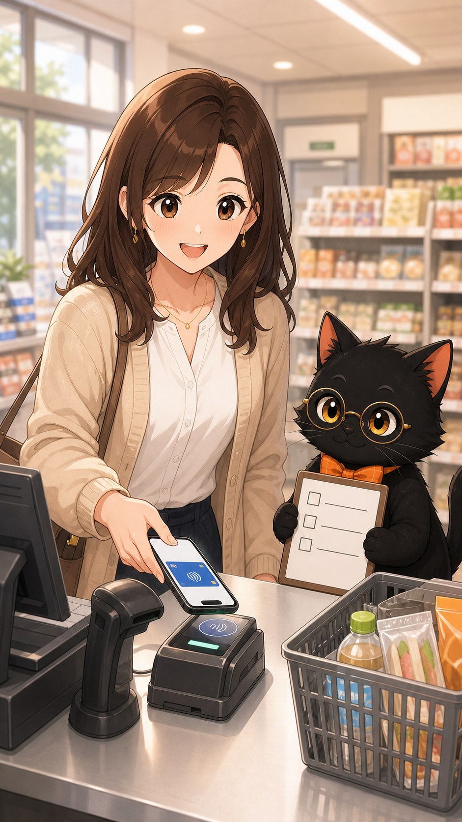 ナビ子とクロタがコンビニのスマホタッチ決済を確認する場面