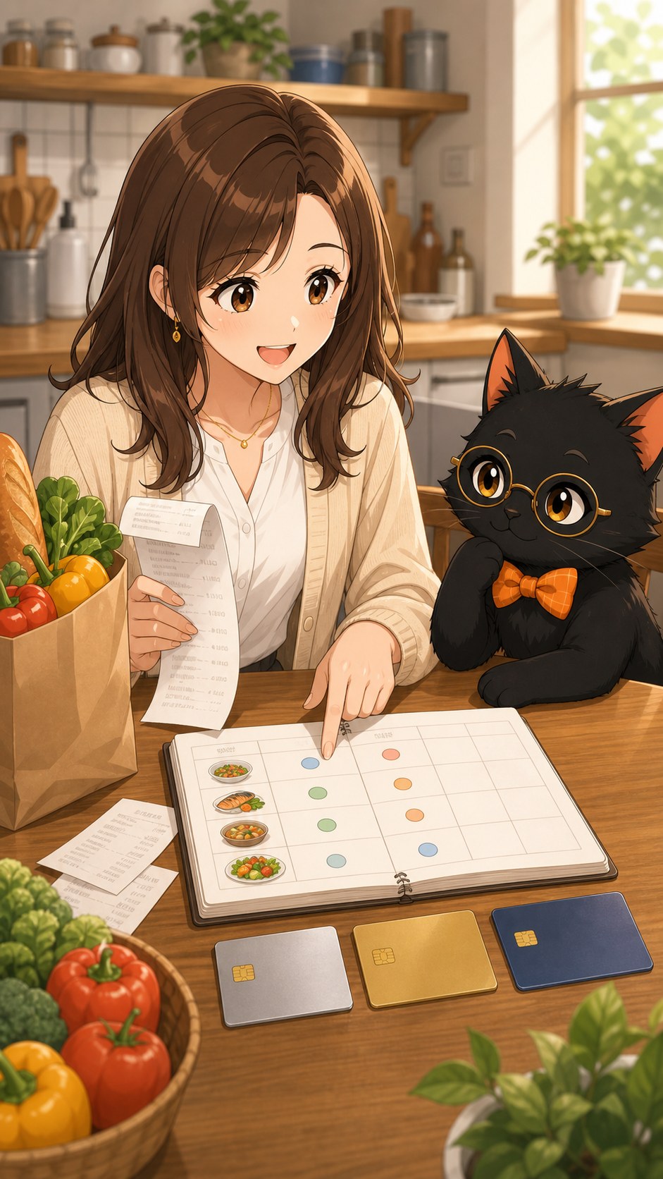 ナビ子とクロタが家計簿と複数カードを比較する場面