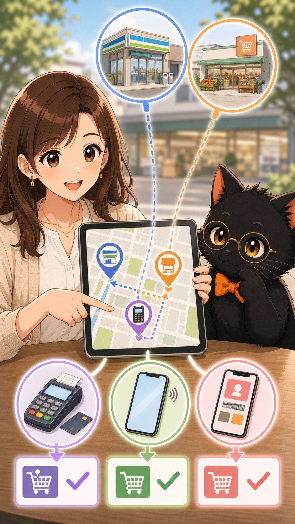 ナビ子とクロタが支払い条件と店舗の違いを確認する場面