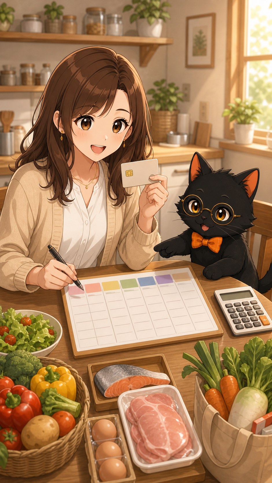 ナビ子とクロタが食費予算と献立を確認する場面