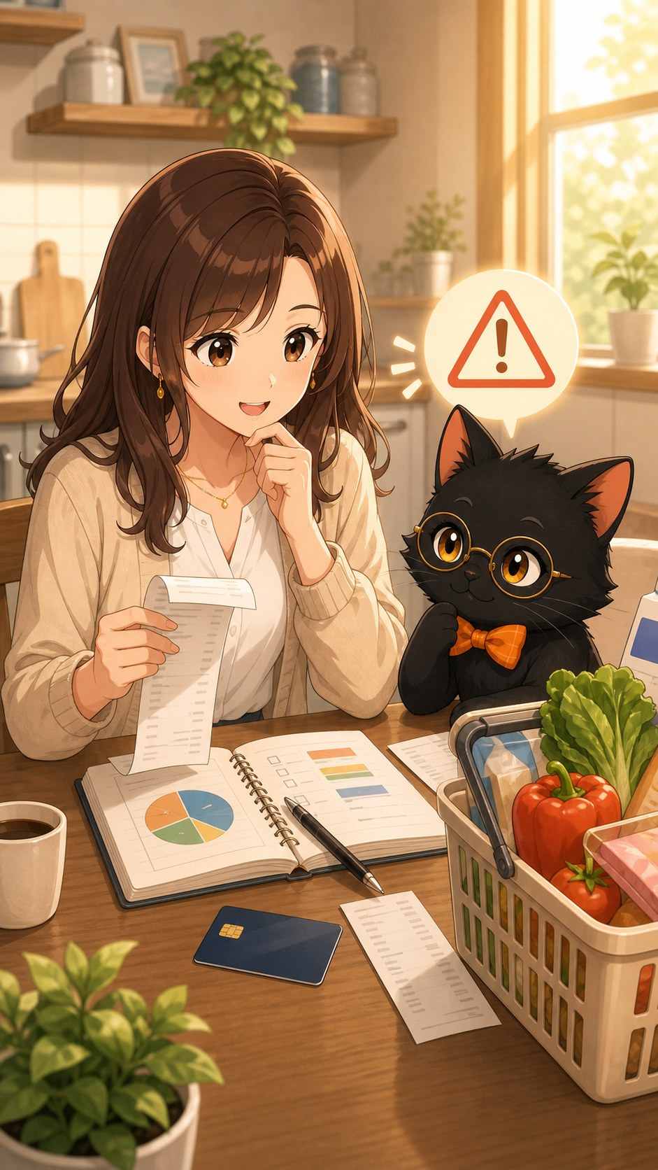 ナビ子とクロタが買いすぎ防止を家計表で確認する場面